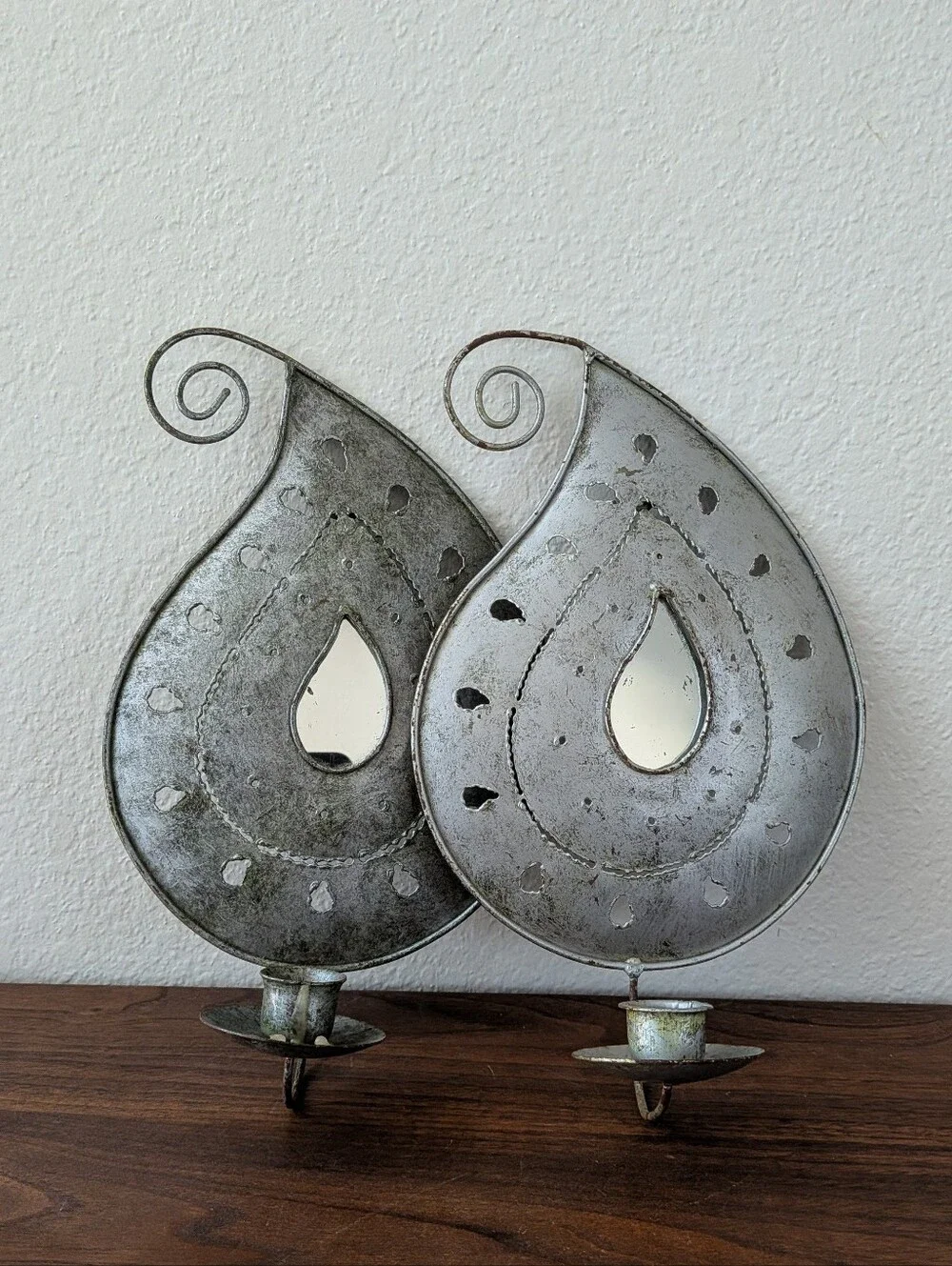 Set Of 2 Metal Paisley Boho Wall Decor Mirror Taper Candle Holders